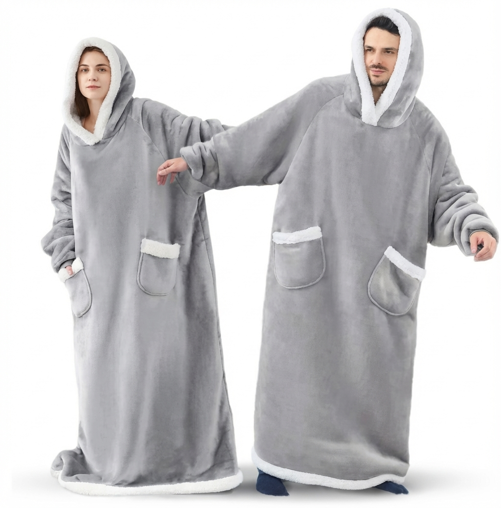 180cm Super Long Flannel Blanket Pyjamas with Sleeves Winter Hoodies Sweatshirt Women Men Pullover Fleece Giant Oversized Outdoo